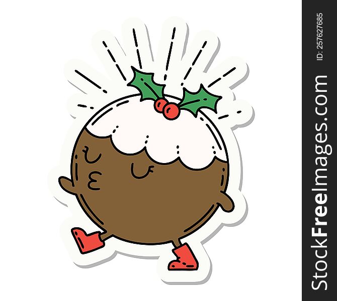 Sticker Of Tattoo Style Christmas Pudding Character Walking