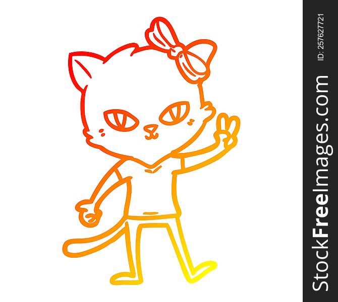 Warm Gradient Line Drawing Cute Cartoon Cat Girl Giving Peace Sign
