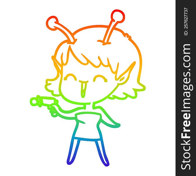 rainbow gradient line drawing of a cartoon alien girl laughing