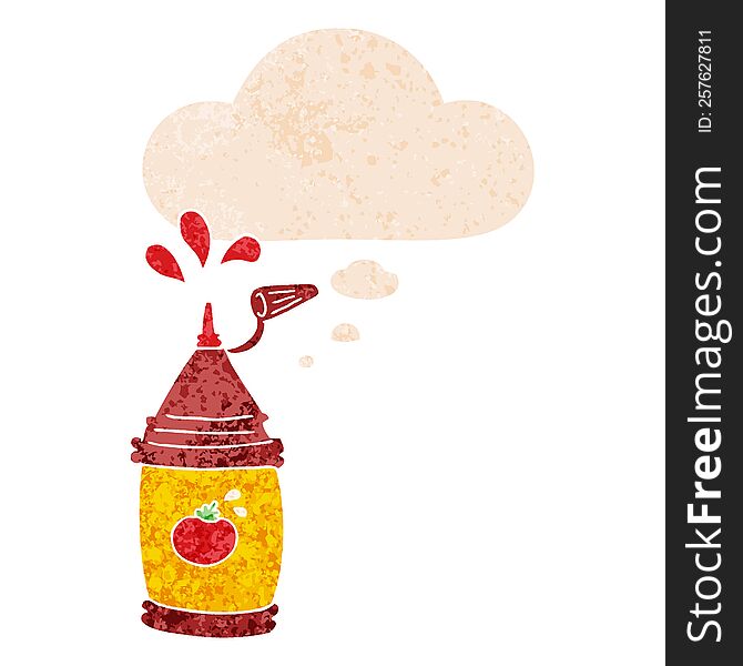 Cartoon Ketchup Bottle And Thought Bubble In Retro Textured Style