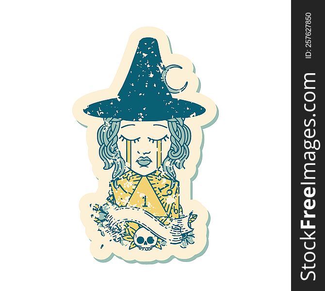 Retro Tattoo Style crying human witch with natural D20 roll. Retro Tattoo Style crying human witch with natural D20 roll