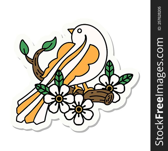 sticker of tattoo in traditional style of a bird on a branch. sticker of tattoo in traditional style of a bird on a branch