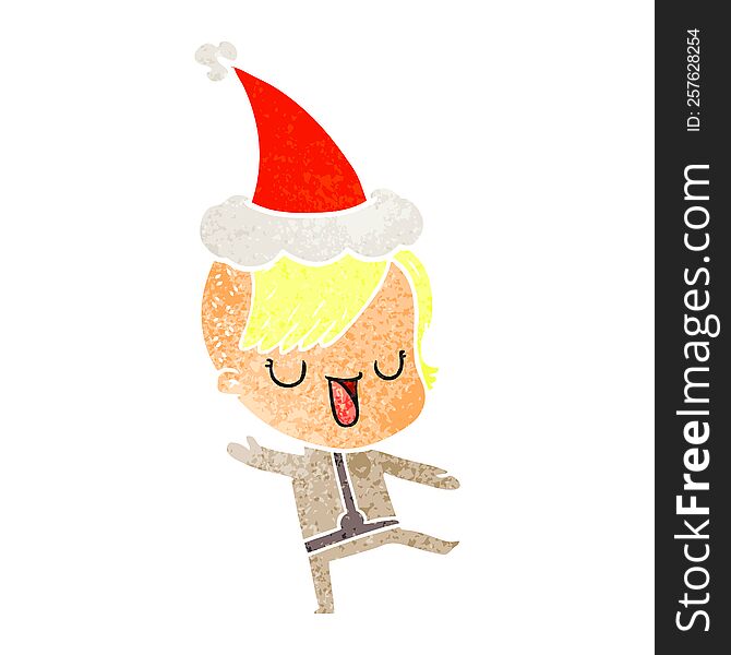 cute hand drawn retro cartoon of a girl with hipster haircut wearing santa hat