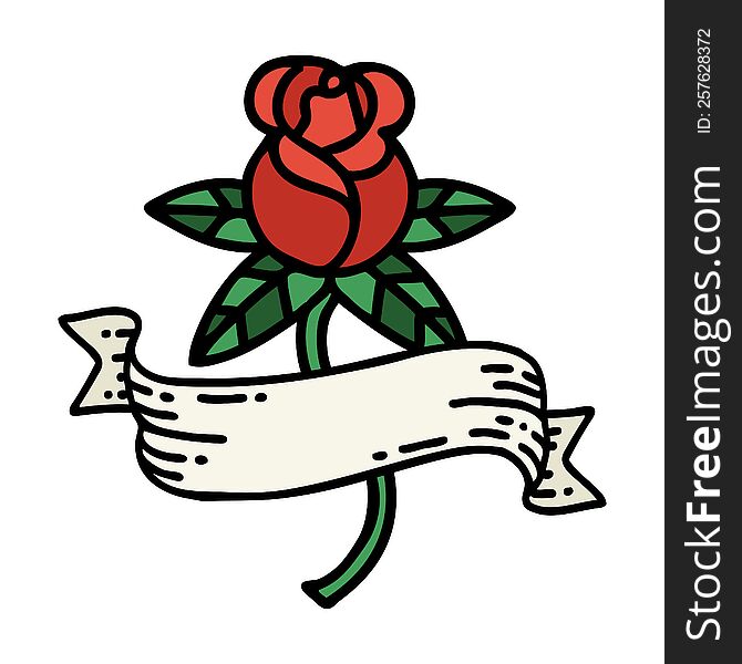 tattoo in traditional style of a rose and banner. tattoo in traditional style of a rose and banner