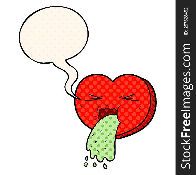 cartoon love sick heart and speech bubble in comic book style