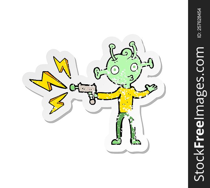 Retro Distressed Sticker Of A Cartoon Space Alien