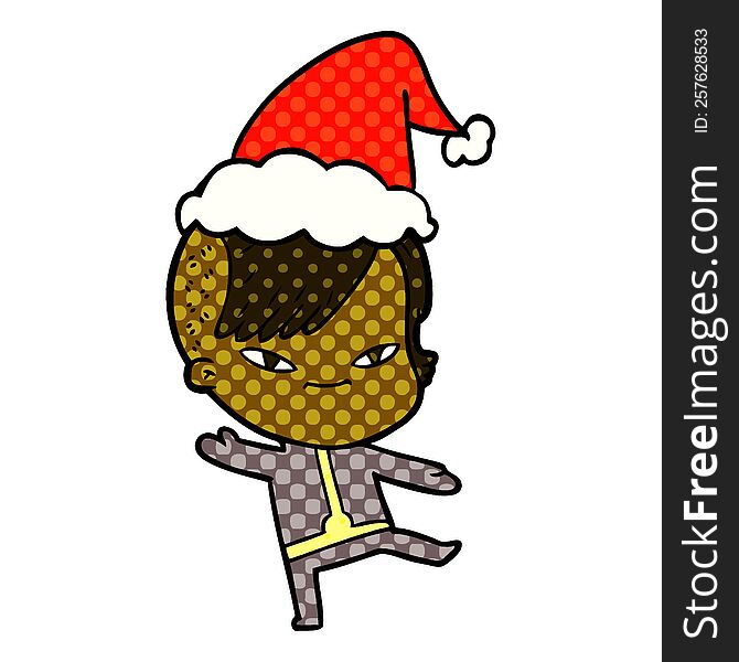 cute comic book style illustration of a girl with hipster haircut wearing santa hat