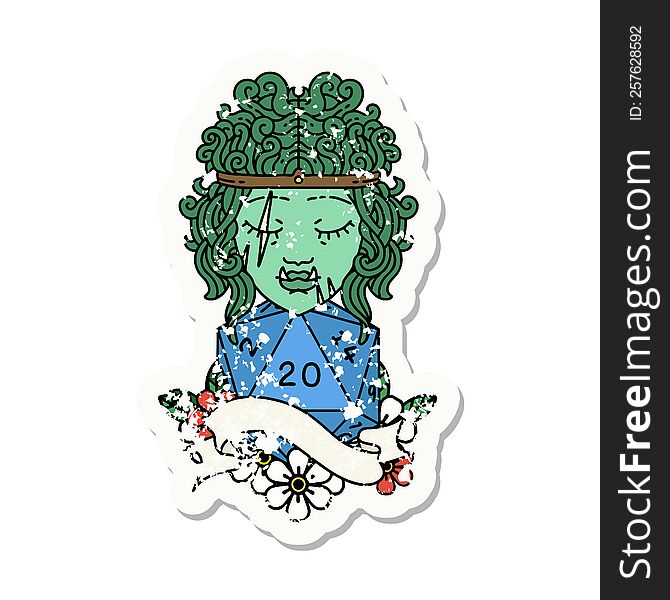 grunge sticker of a half orc barbarian character with natural twenty dice roll. grunge sticker of a half orc barbarian character with natural twenty dice roll