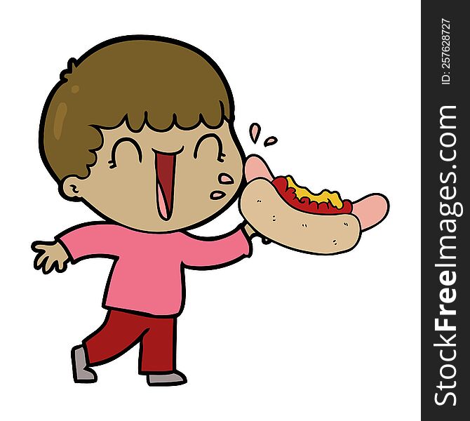 laughing cartoon man eating hot dog. laughing cartoon man eating hot dog