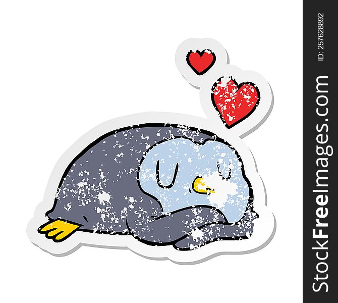distressed sticker of a cartoon penguin in love