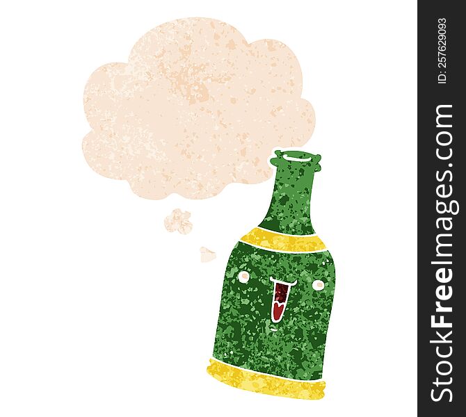 Cartoon Beer Bottle And Thought Bubble In Retro Textured Style