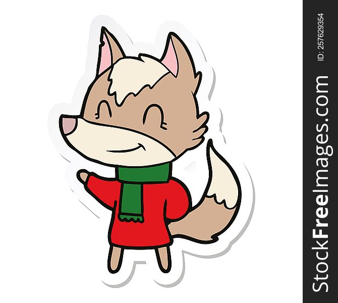 sticker of a friendly cartoon wolf in winter clothes