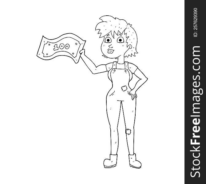 black and white cartoon confident farmer woman with money