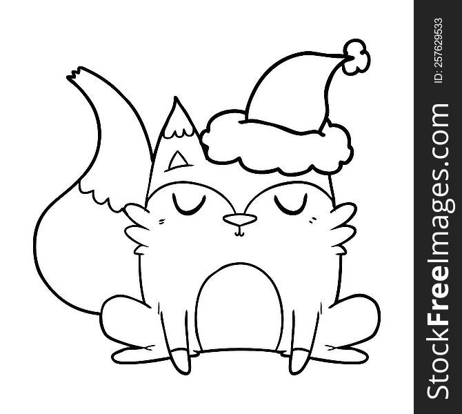 Line Drawing Of A Fox Wearing Santa Hat