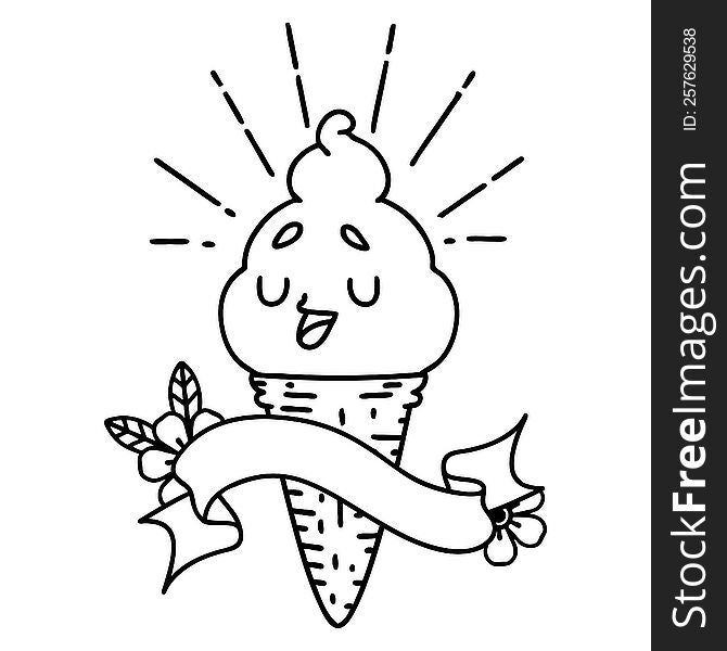 scroll banner with black line work tattoo style ice cream character