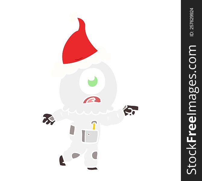 hand drawn flat color illustration of a cyclops alien spaceman pointing wearing santa hat