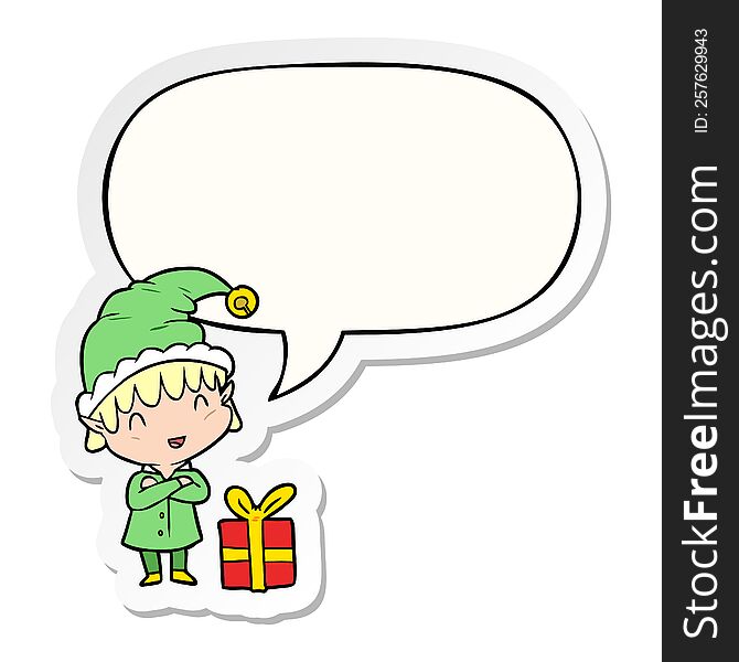 Cartoon Happy Christmas Elf And Speech Bubble Sticker