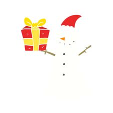 Flat Color Style Cartoon Snowman With Present Stock Photography