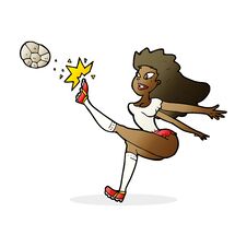 Cartoon Female Soccer Player Kicking Ball Stock Image