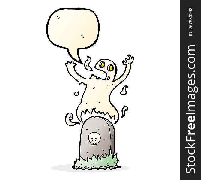 cartoon ghost rising from grave with speech bubble