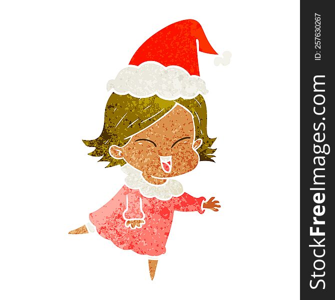 happy hand drawn retro cartoon of a girl wearing santa hat. happy hand drawn retro cartoon of a girl wearing santa hat