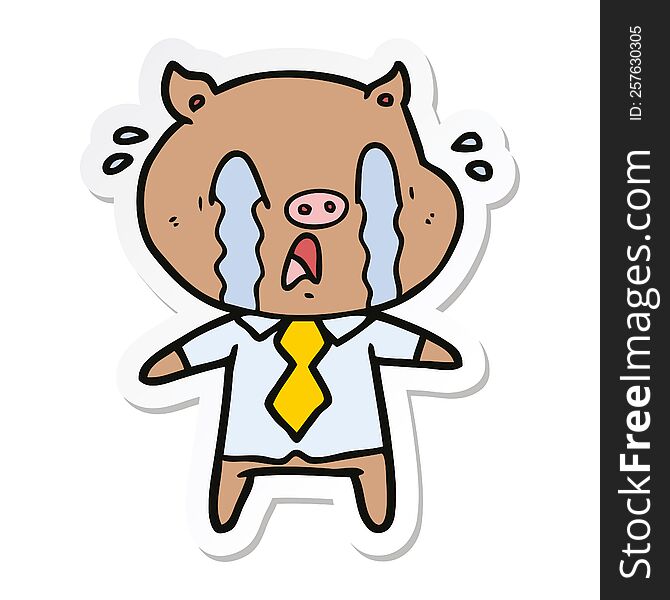 Sticker Of A Crying Pig Cartoon Wearing Human Clothes