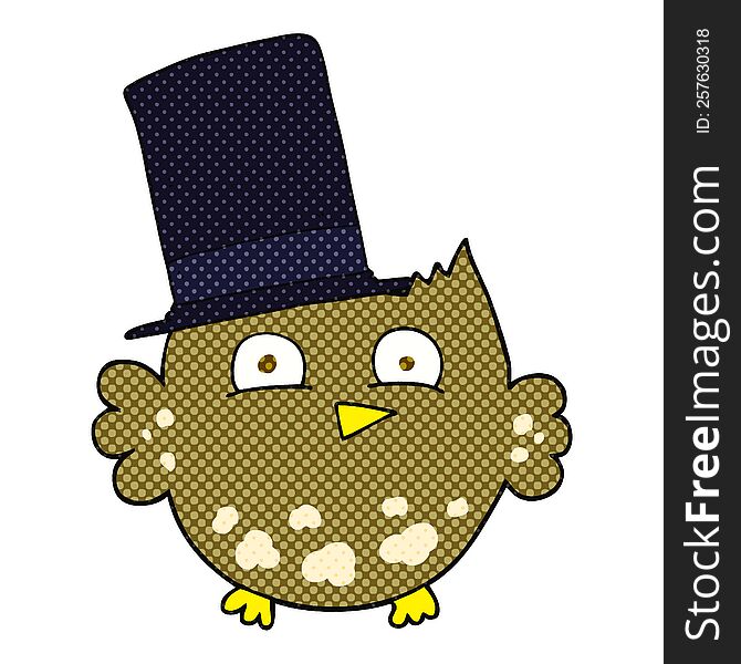 freehand drawn cartoon little owl with top hat