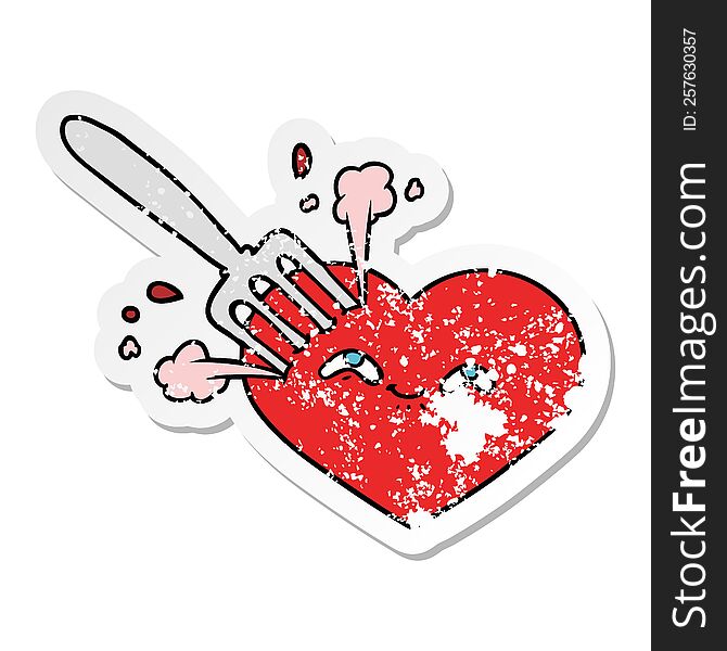 distressed sticker of a cartoon love heart stuck with fork