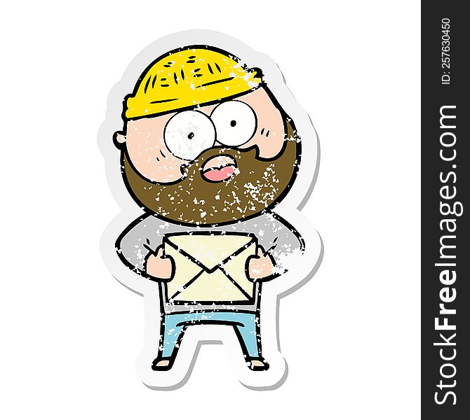 distressed sticker of a cartoon surprised bearded man holding letter