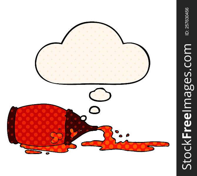 cartoon spilled ketchup bottle with thought bubble in comic book style