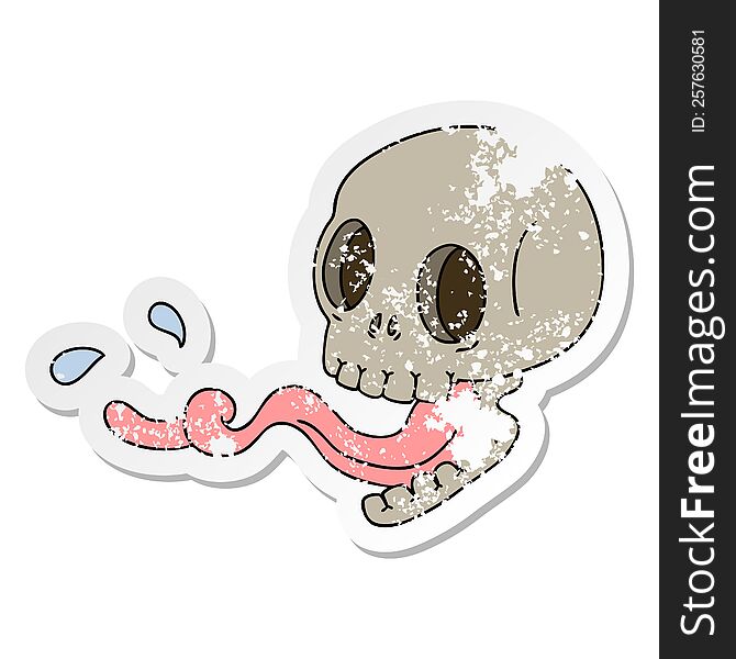 distressed sticker of a quirky hand drawn cartoon skull with tongue