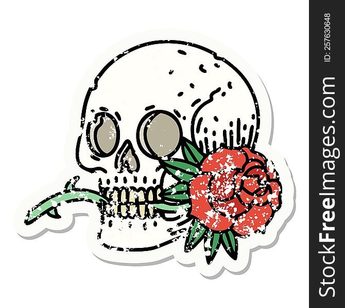 Traditional Distressed Sticker Tattoo Of A Skull And Rose