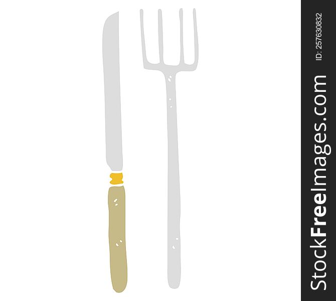 Flat Color Illustration Of A Cartoon Knife And Fork