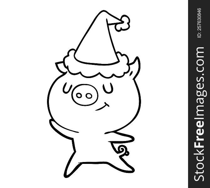 Happy Line Drawing Of A Pig Wearing Santa Hat