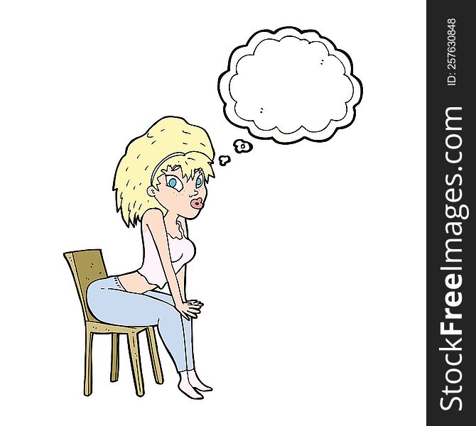 cartoon woman posing on chair with thought bubble