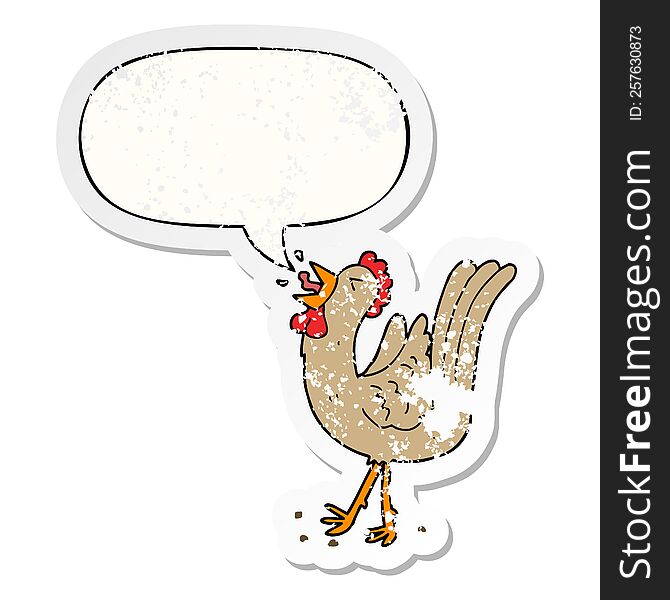 Cartoon Crowing Cockerel And Speech Bubble Distressed Sticker