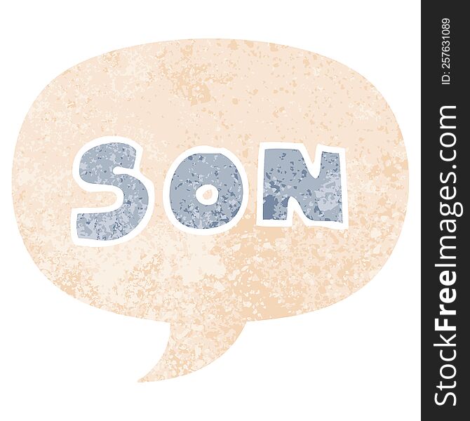 cartoon word son with speech bubble in grunge distressed retro textured style. cartoon word son with speech bubble in grunge distressed retro textured style