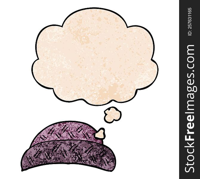 Cartoon Hat And Thought Bubble In Grunge Texture Pattern Style