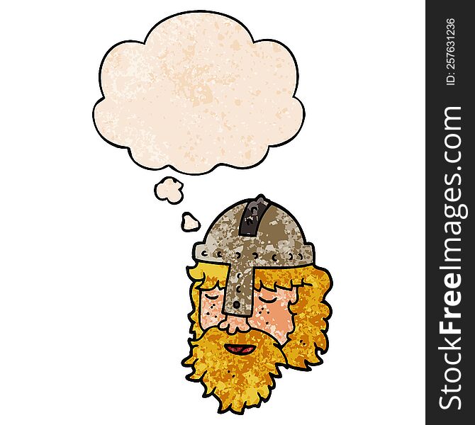 Cartoon Viking Face And Thought Bubble In Grunge Texture Pattern Style