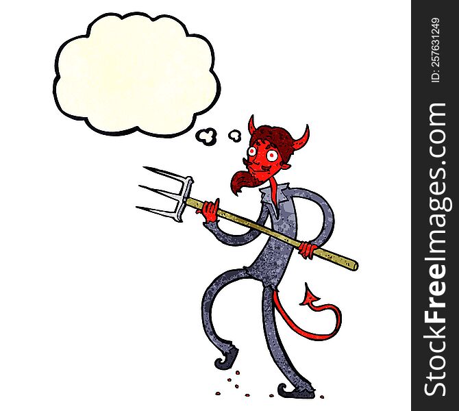 cartoon devil with pitchfork with thought bubble