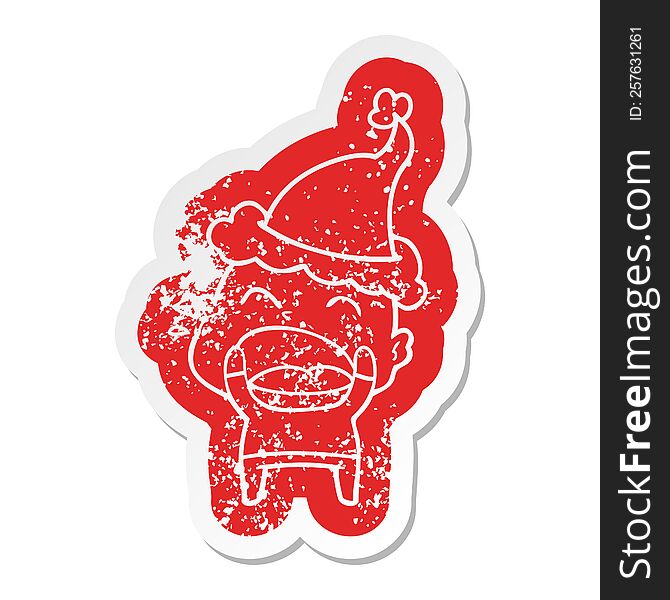 cartoon distressed sticker of a shouting bald man wearing santa hat