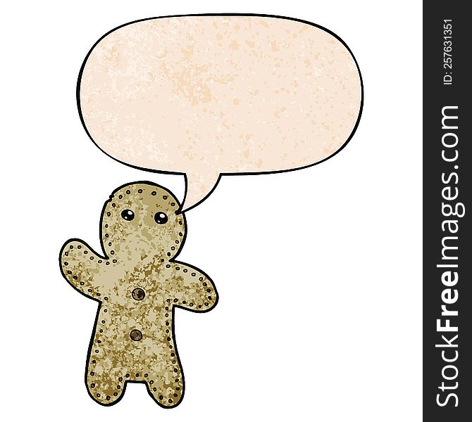 cartoon gingerbread man with speech bubble in retro texture style