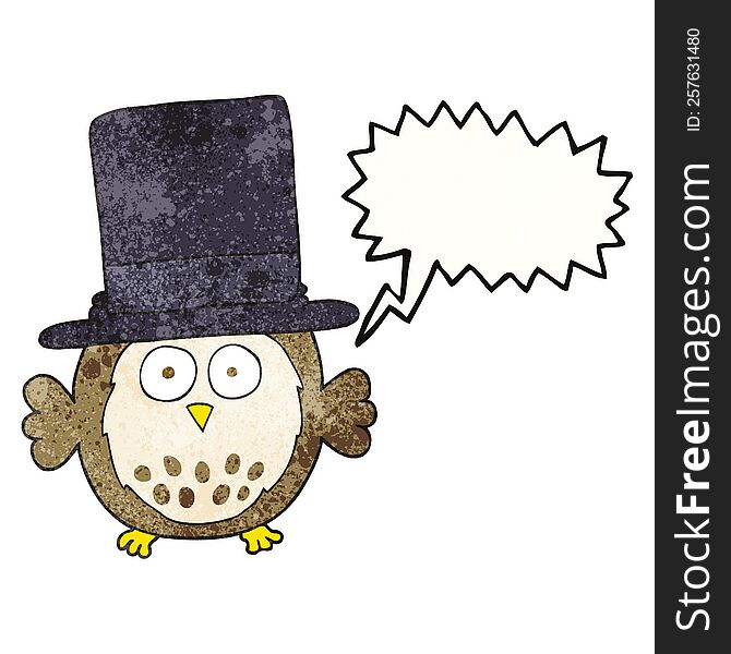 freehand speech bubble textured cartoon owl wearing top hat