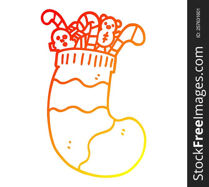 Warm Gradient Line Drawing Cartoon Christmas Stocking Full Of Toys