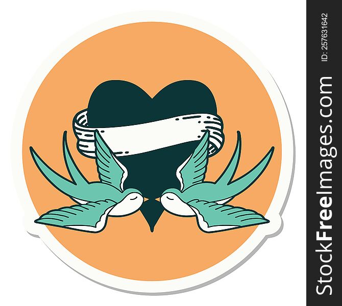 sticker of tattoo in traditional style of swallows and a heart with banner. sticker of tattoo in traditional style of swallows and a heart with banner