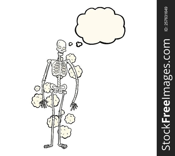 cartoon dusty old skeleton with thought bubble