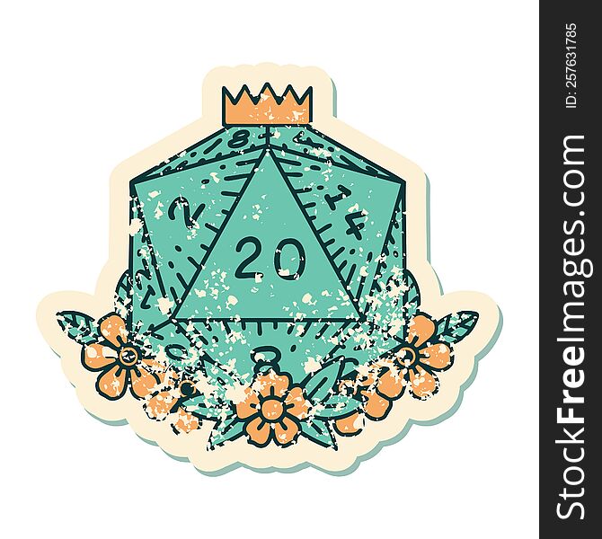 Natural 20 D20 Dice Roll With Floral Elements Grunge Sticker