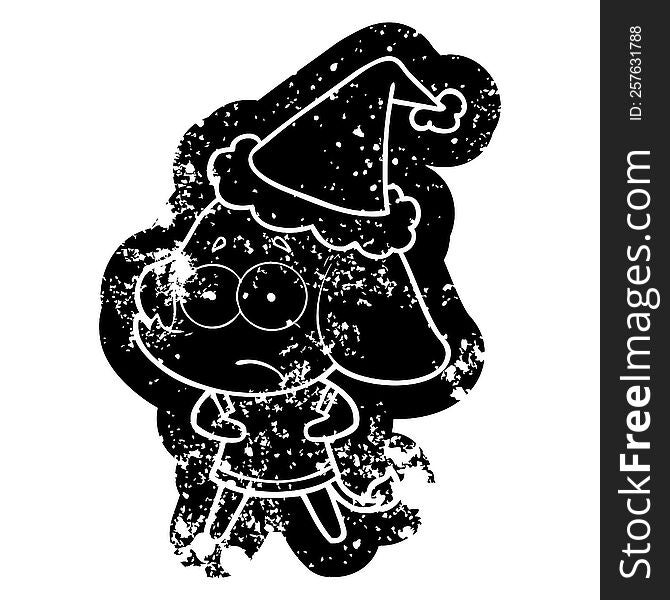 quirky cartoon distressed icon of a unsure elephant wearing santa hat
