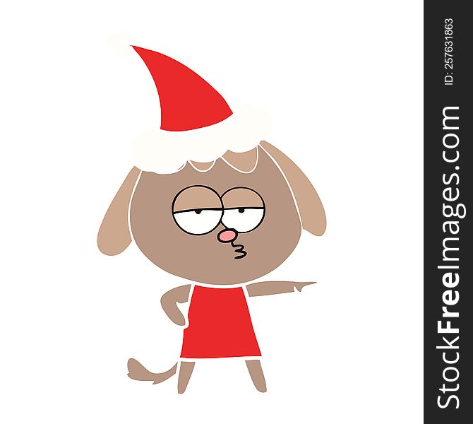 hand drawn flat color illustration of a bored dog wearing santa hat