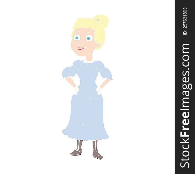 Flat Color Illustration Of A Cartoon Victorian Woman In Dress